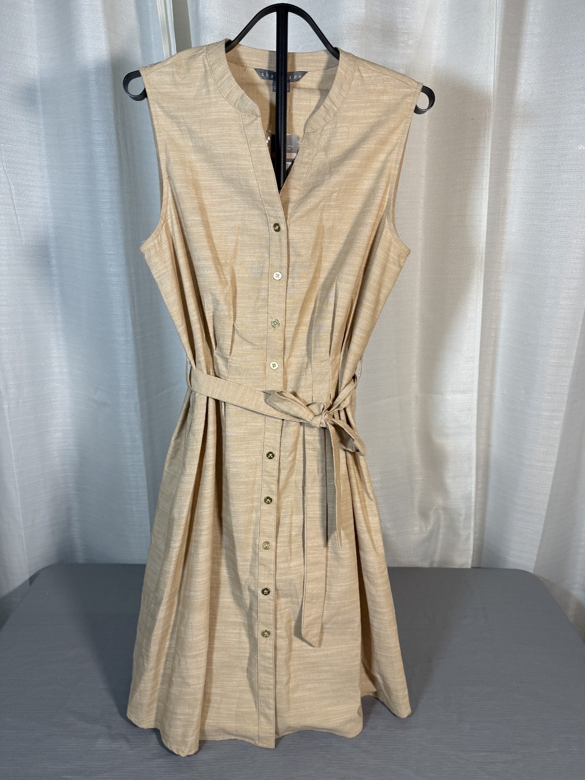 Sharagano Women’s Size 12 Beige Button Front Sleeveless Belted Midi Dress NWT