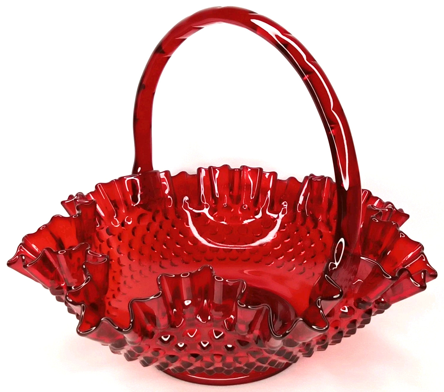 Vintage 1970s Fenton Art Glass Hobnail Ruby Red Basket Made In USA New Arrival