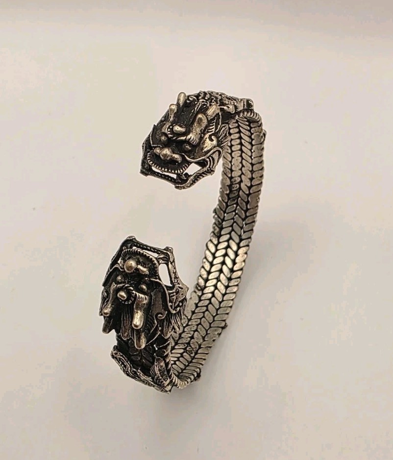 Vintage Double Dragon Headed Ornately Carved Silvertone Adjustable Bangle 