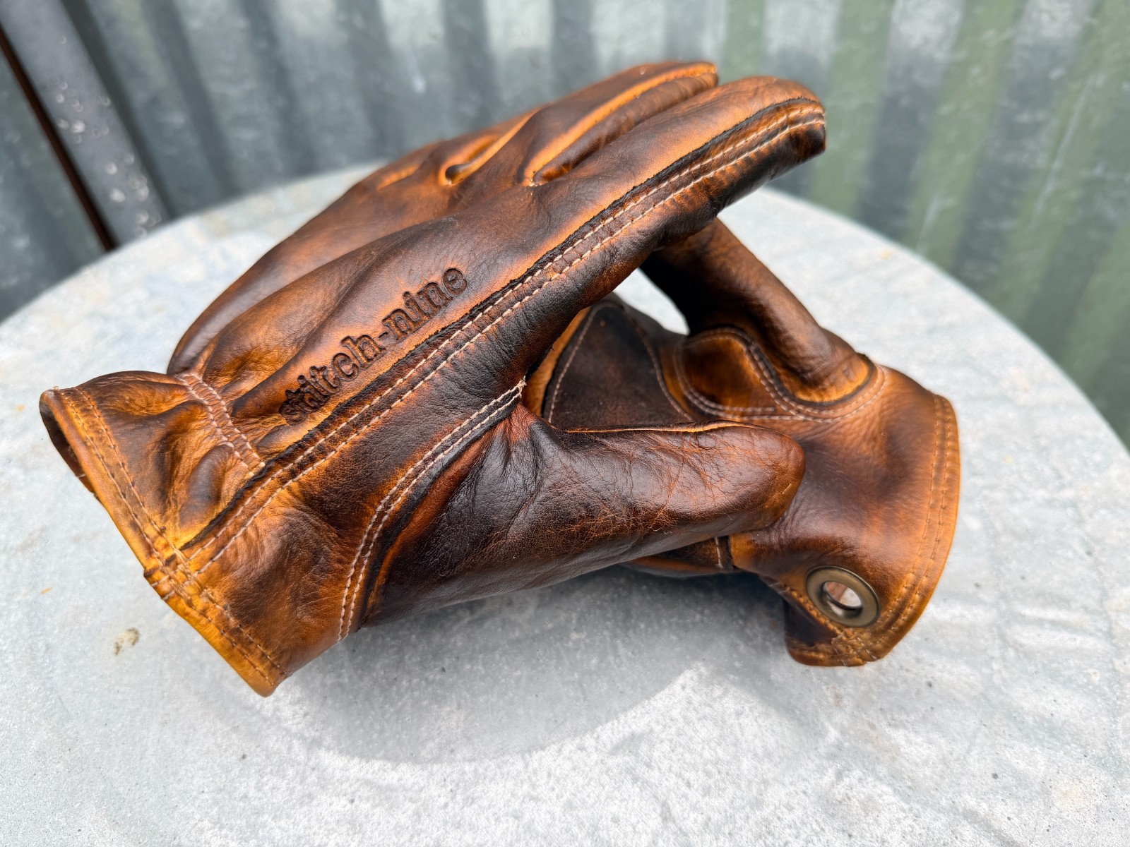 Stitch nine motorcycle gloves leather Distressed Cafe Chopper Brat work -LG