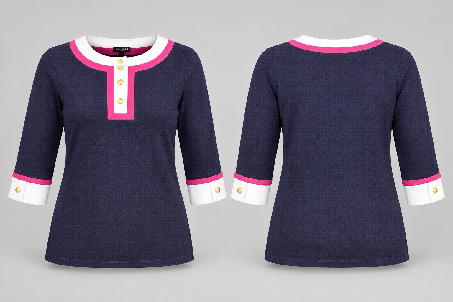 Talbots Women’s S Cotton Knit Colorblock Tunic Top Crew Neck Short Sleeve Button