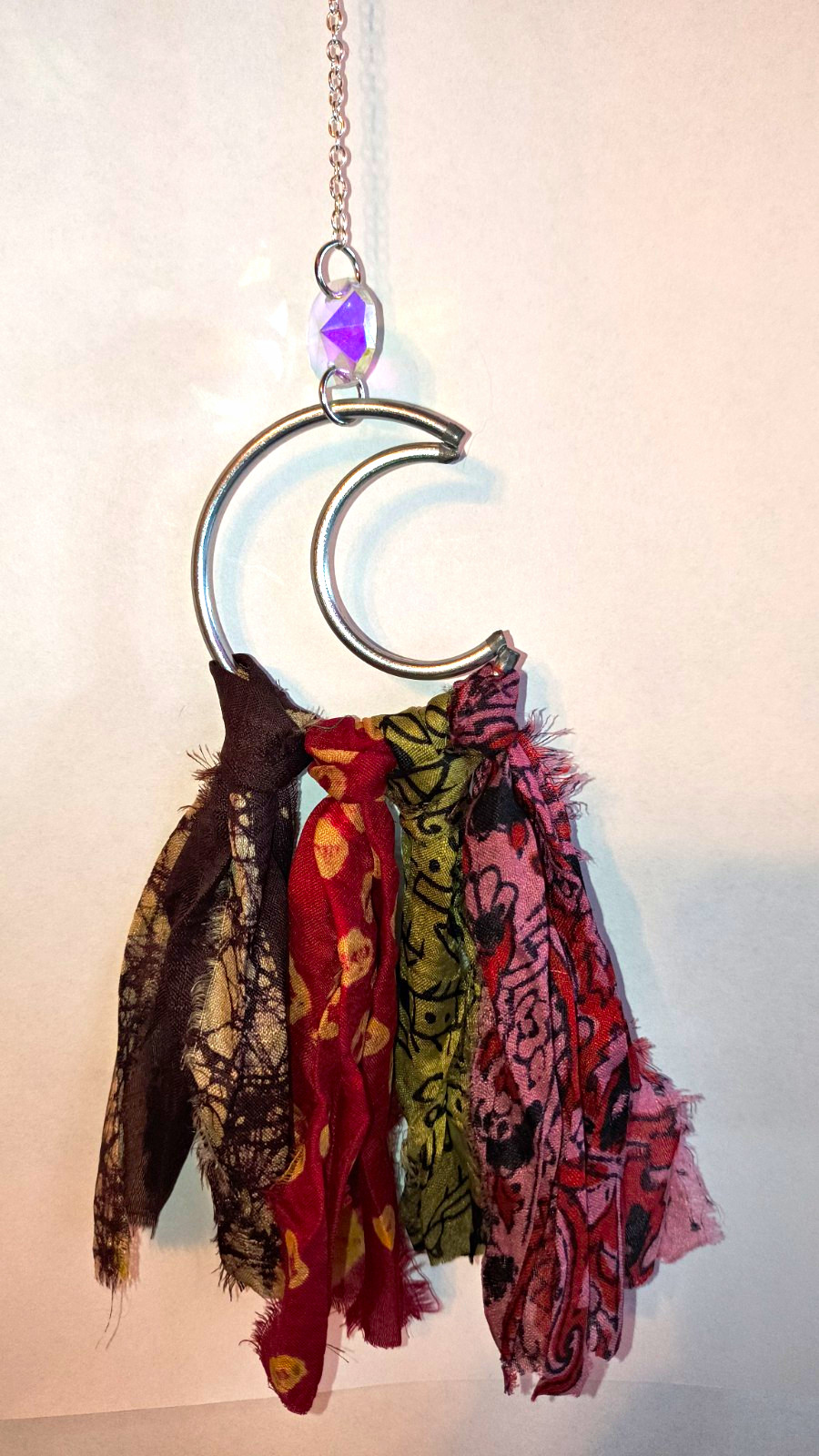 Hanging Crescent Moon Metal Suncatcher w/ Multicolor Fabric Strips & Crystal