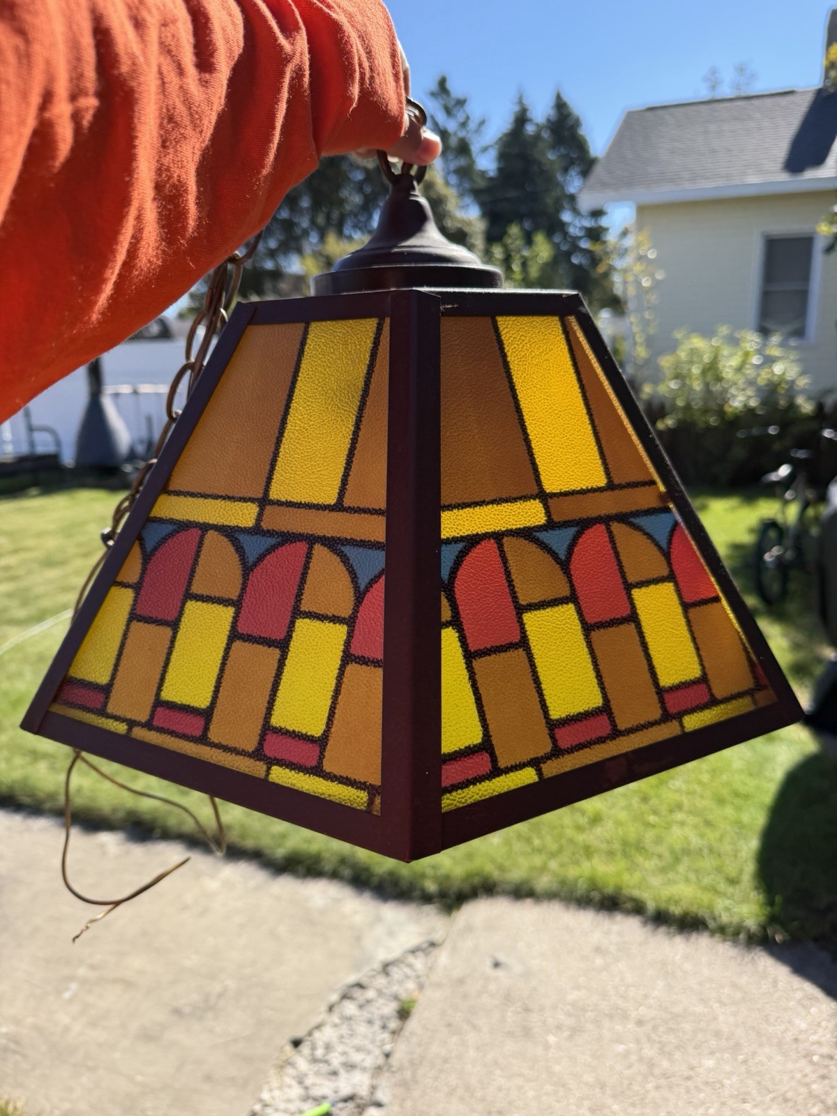 VTG MCM Stained Glass Mission Style Swag Billiards Hanging Light Pendant