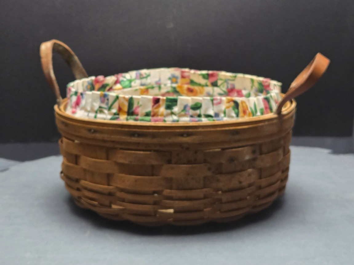 Longaberger 1992 Round Serving Basket Floral Liner Protector Double Handles
