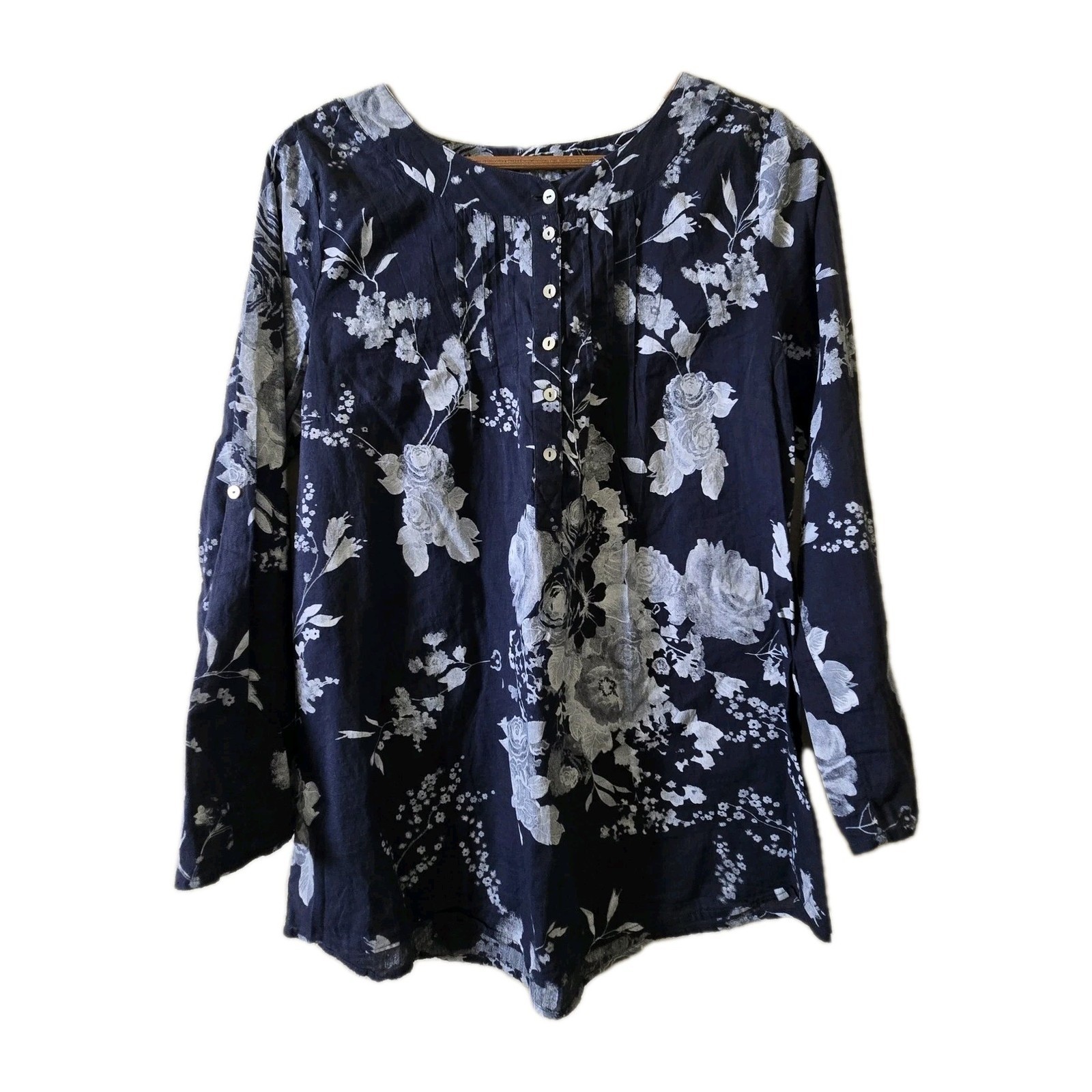 Soft Surroundings Tunic Womens PM 3BU68 Navy Blue Floral Pintuck Cotton EUC