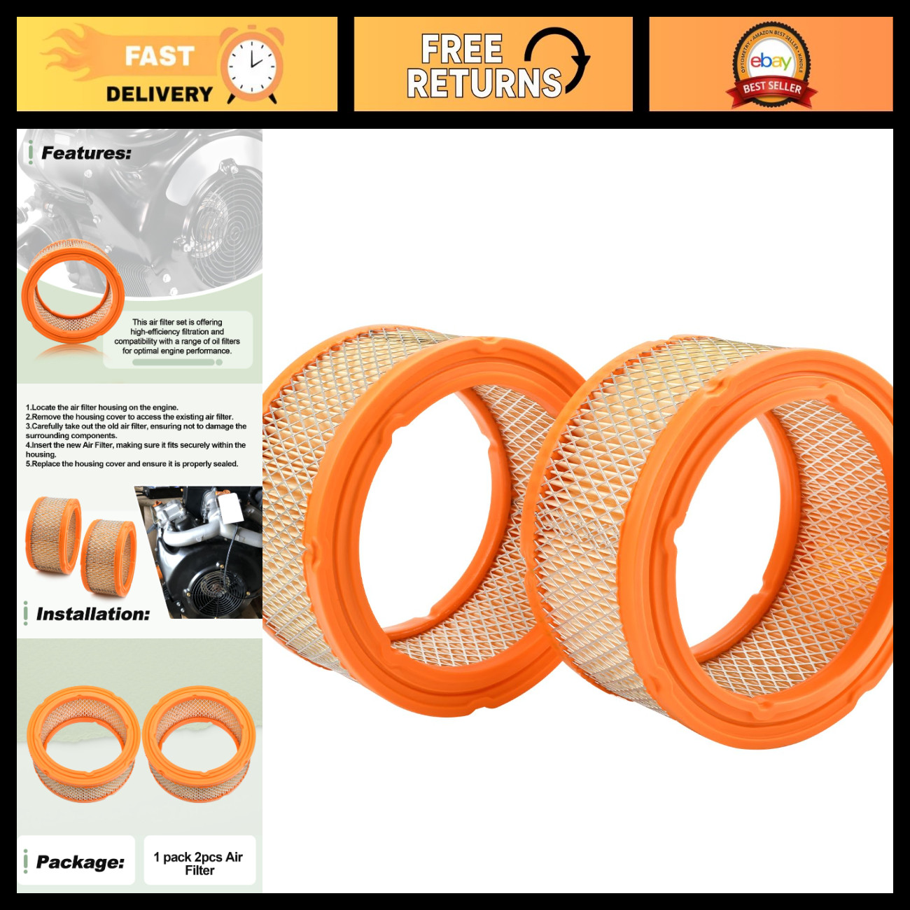 2PCS Air Filter for V-Twin 760cc 990cc Engines, Replace 0C8127, High-Performance 2PCS Air Filter for V-Twin 760cc 990cc Engines, Replace 0C8127, High-Performance