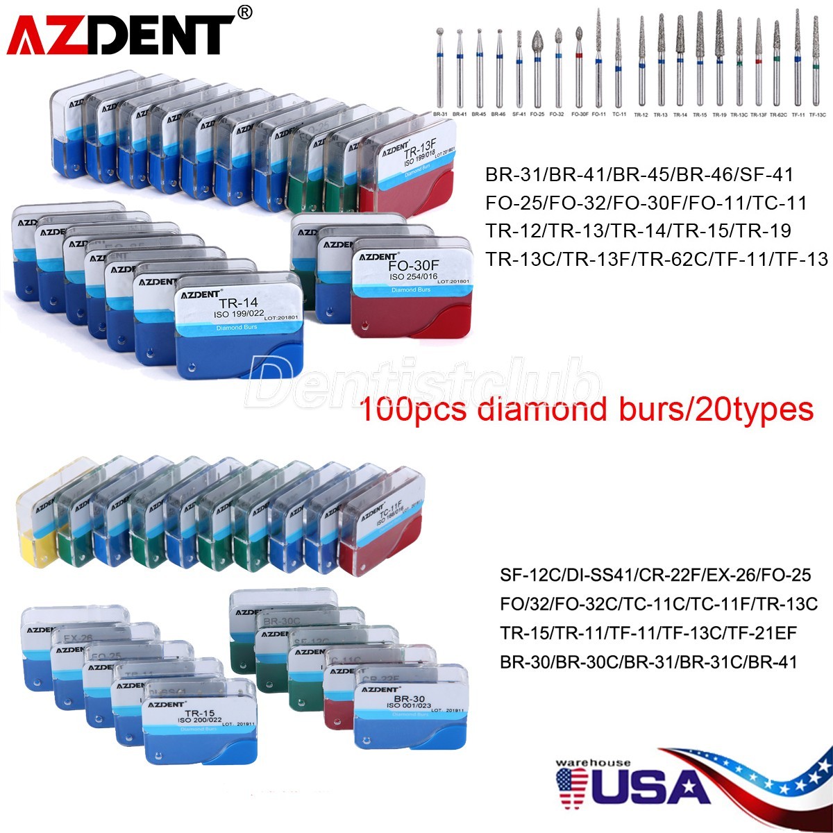 100Pcs/20Box AZDENT Dental Diamond Burs for High Speed Handpiece Medium FG 1.6mm