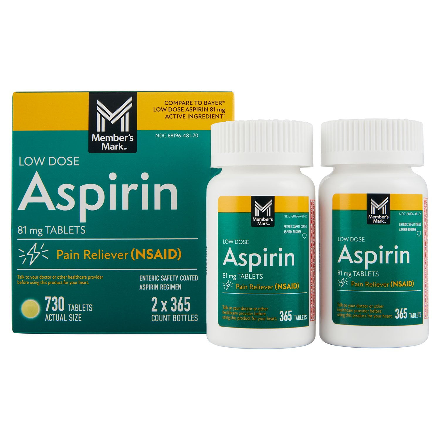 Member\'s Mark Low Dose Aspirin 81mg x2 365 Ct BOTTLES, 730 Tabs~Compare to Bayer Member\'s Mark Low Dose Aspirin 81mg x2 365 Ct BOTTLES, 730 Tabs~Compare to Bayer