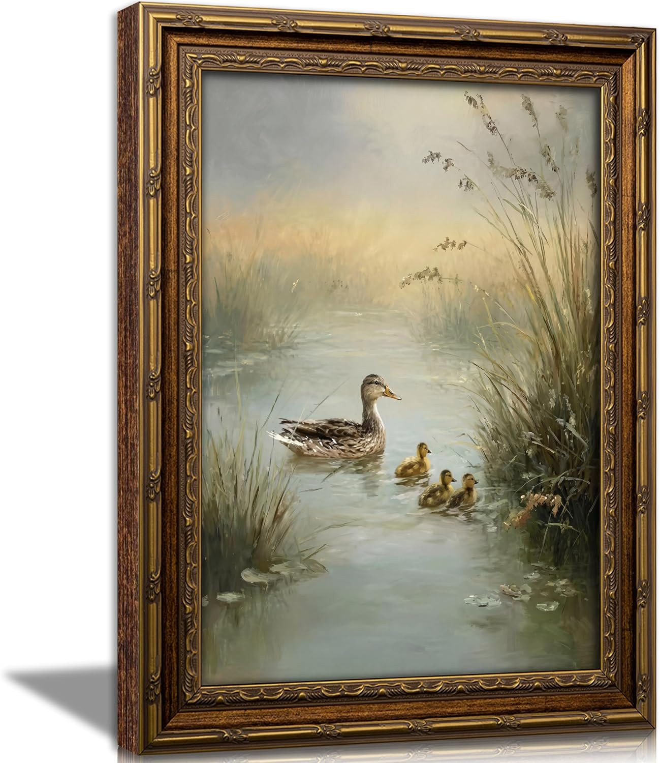 Vintage Gold Framed Duck Wall Art, Pond Ducks Oil Painting Canvas Print, Miniatu