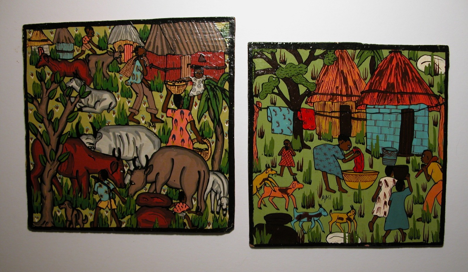 PAIR Vintage WEYA Zimbabwe African Folk Art Paintings Signed AJASI ALAMA Ex PAIR Vintage WEYA Zimbabwe African Folk Art Paintings Signed AJASI ALAMA Ex