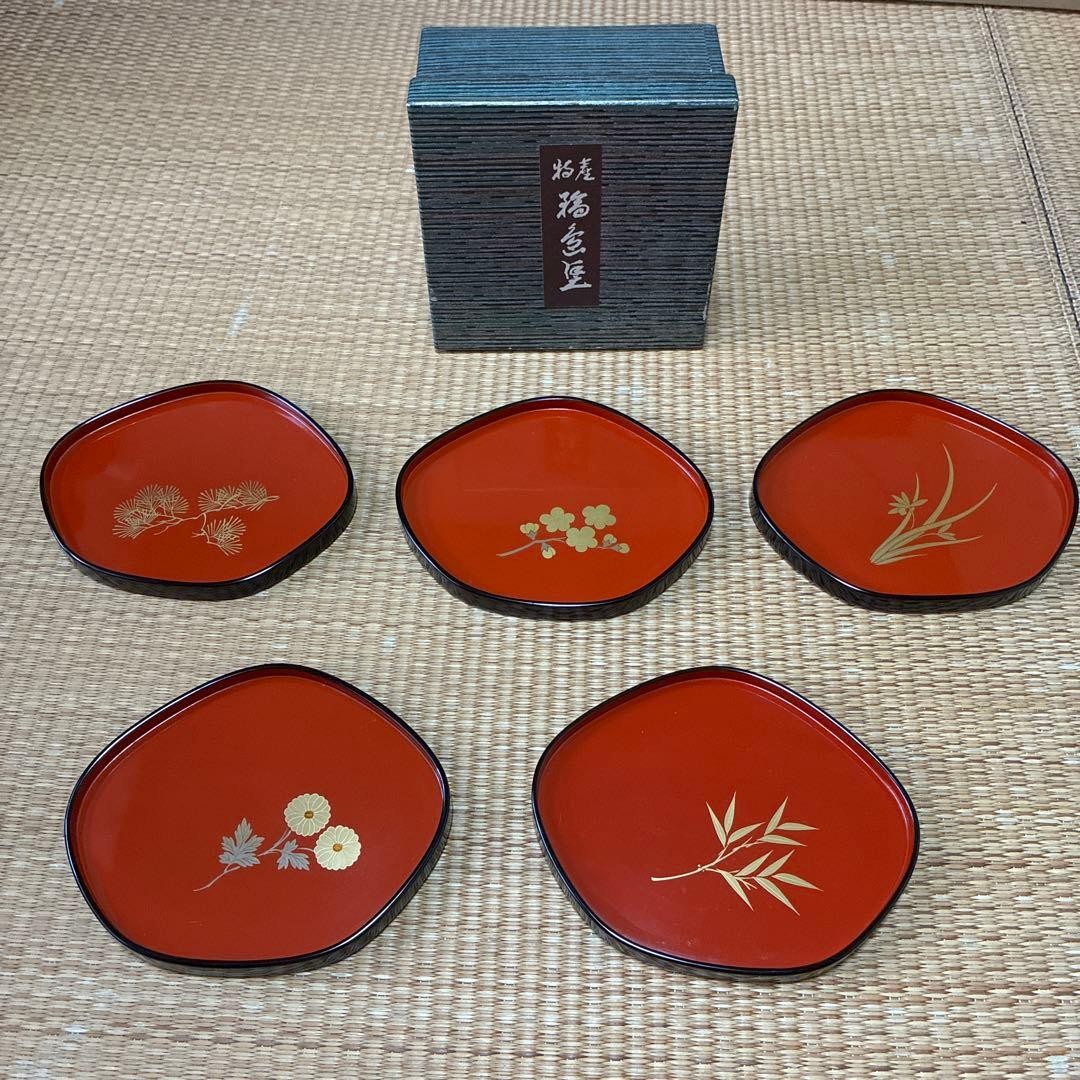 Wajima Lacquer Makie Small Plates Set of 5 Red Gold Wood Japanese 15.7 cm Wajima Lacquer Makie Small Plates Set of 5 Red Gold Wood Japanese 15.7 cm