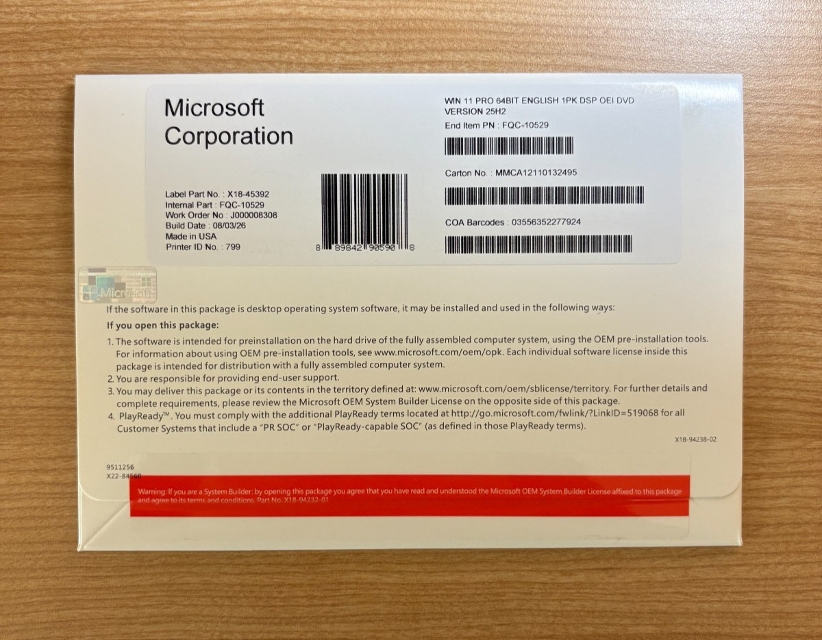 Microsoft Windows 11 Pro 64 Bit Product Key & DVD English Version 25H2 OEM Microsoft Windows 11 Pro 64 Bit Product Key & DVD English Version 25H2 OEM