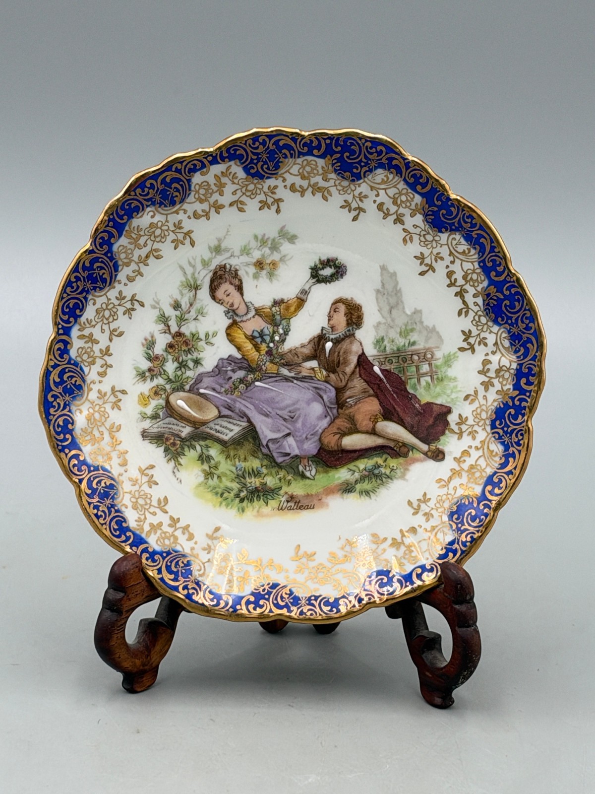 VTG Limoges France Porcelain Plate Watteau Courting Couple Rococo Gilt Blue Dish