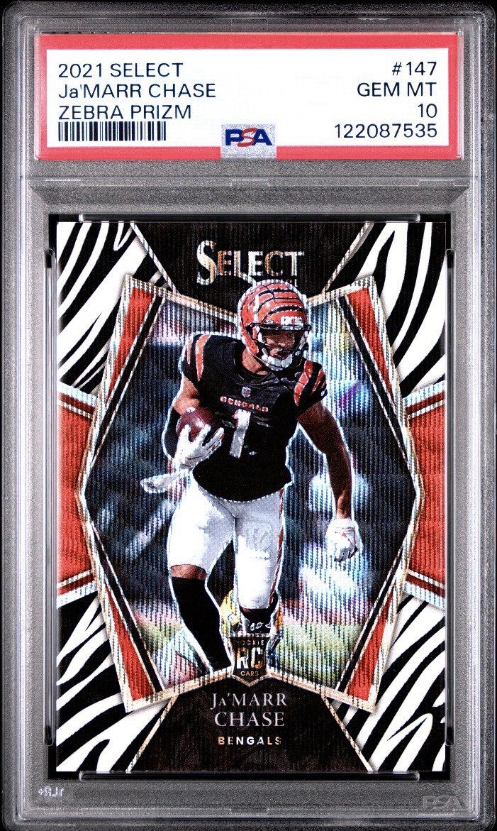 Panini 2021 Select Ja\'Marr Chase RC Premier Level Zebra Prizm #147 PSA 10