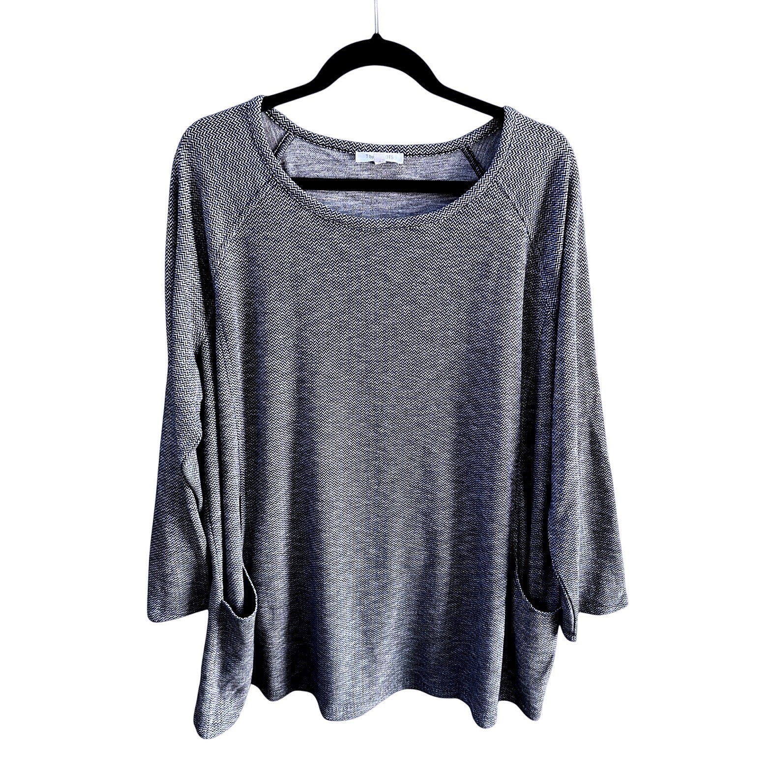 T by Talbots Womens 3X Herringbone Raglan Top Navy White Pockets 53075086