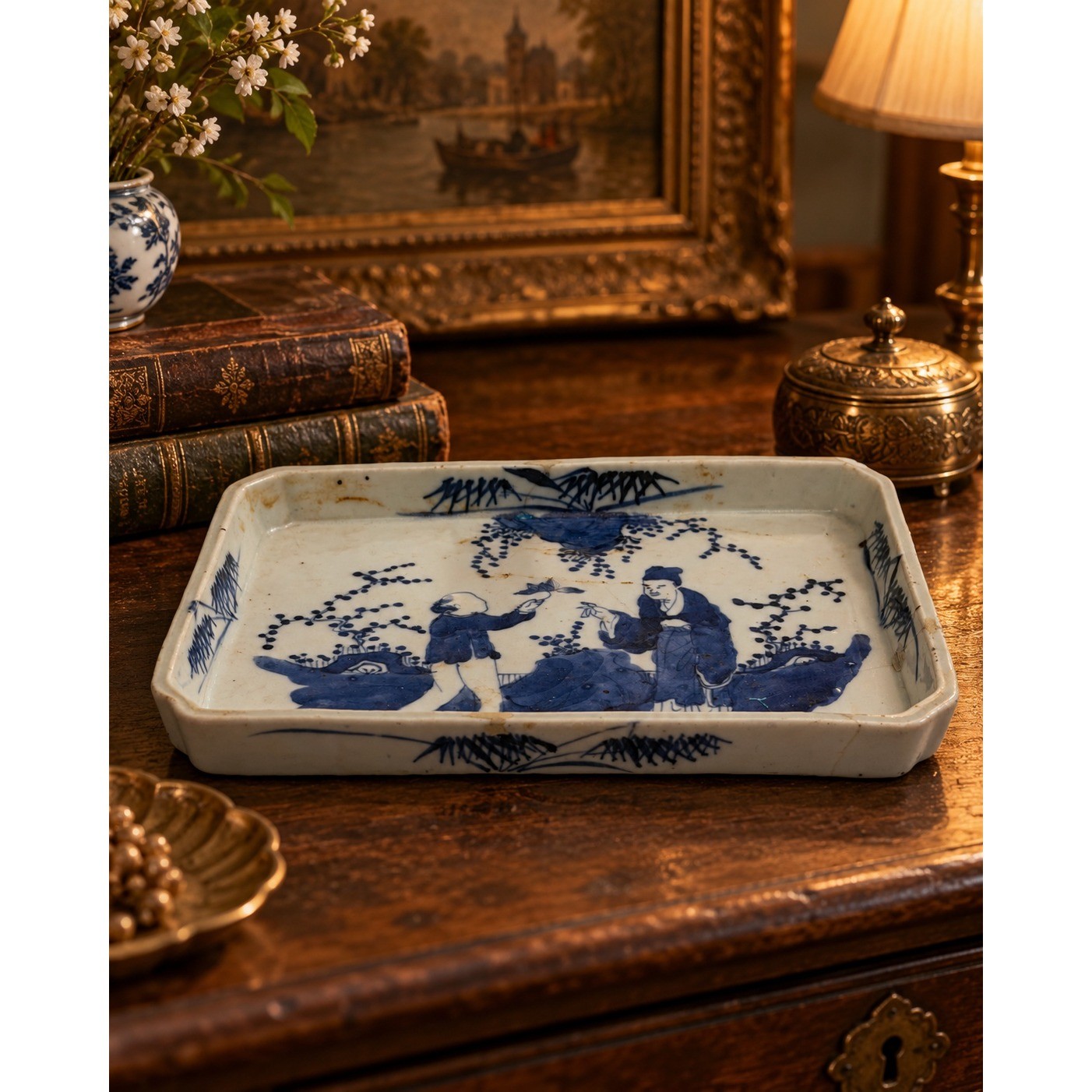 Antique 18thC Chinese Qing Dynasty Blue White Porcelain Scholar Tray 1760-1780 Antique 18thC Chinese Qing Dynasty Blue White Porcelain Scholar Tray 1760-1780