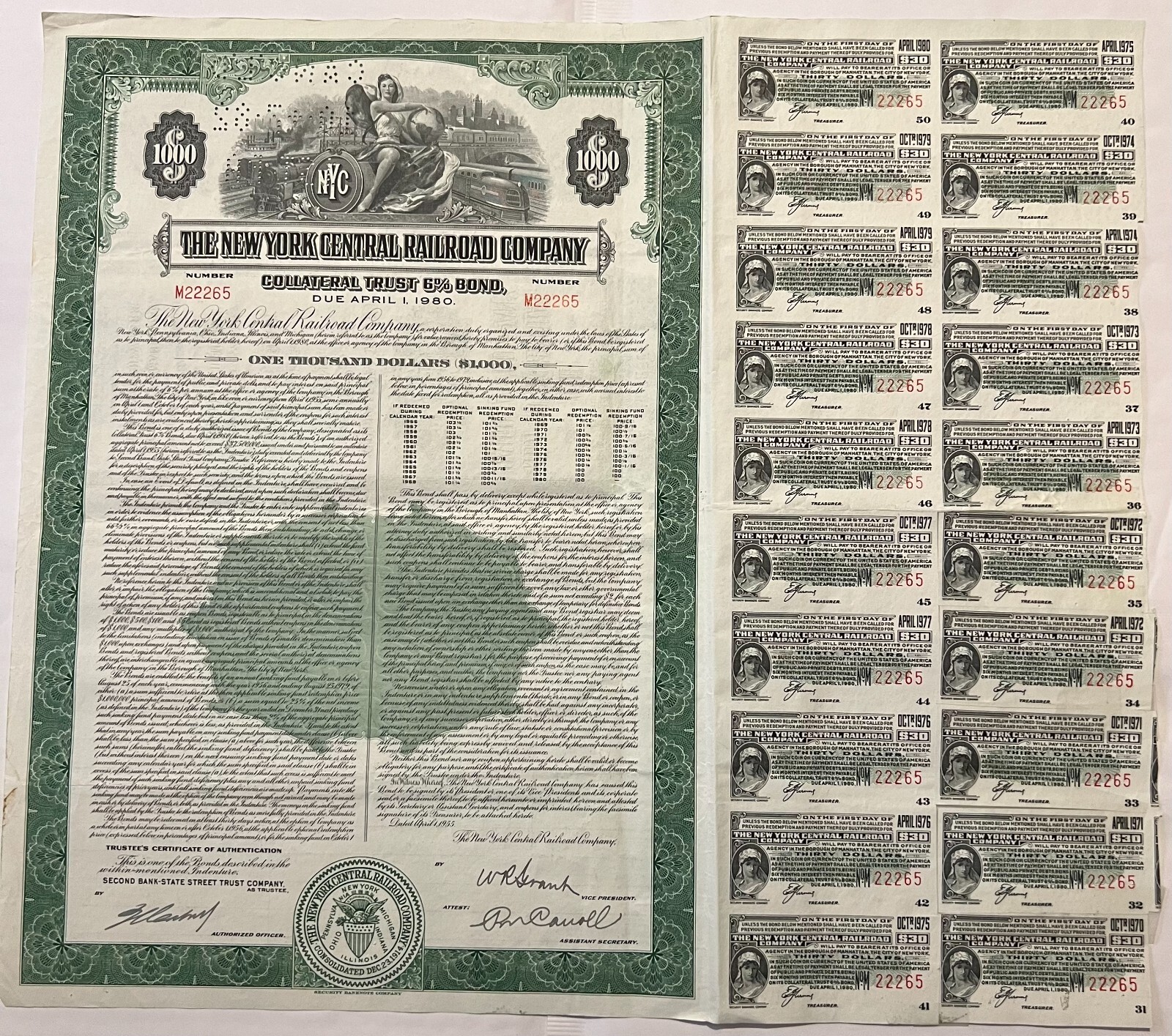 Vintage 1955 NY Central Railroad $1,000 Bond 🚂 Coupons Attached Scripophily