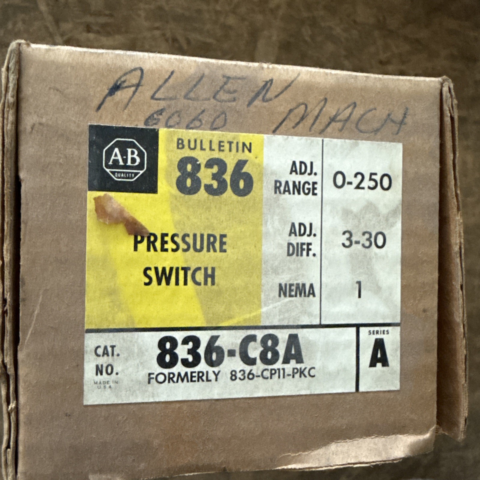 Allen Bradley 836-C8A Pressure Control Switch New In Box Allen Bradley 836-C8A Pressure Control Switch New In Box