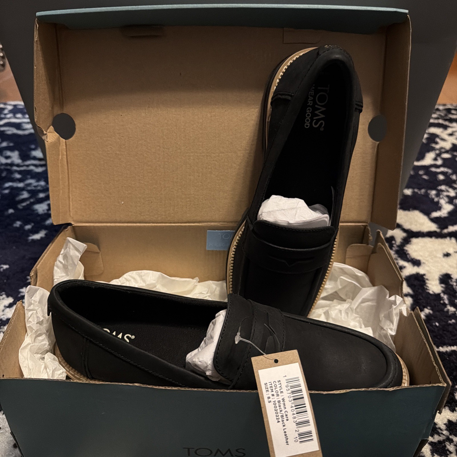 Toms Cara Women\'s Loafers Size 8.5 New In Box with Tags Black Leather Toms Cara Women\'s Loafers Size 8.5 New In Box with Tags Black Leather
