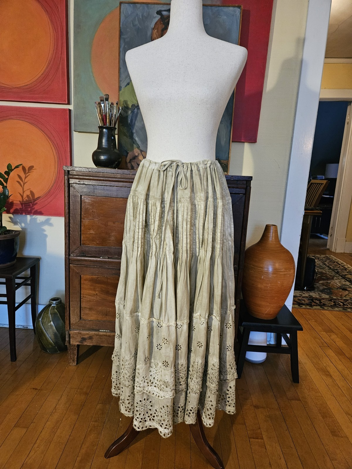 MAGNOLIA PEARL Tan Camel Eyelet Drawstring Tiered Skirt One Size Maxi Midi RARE