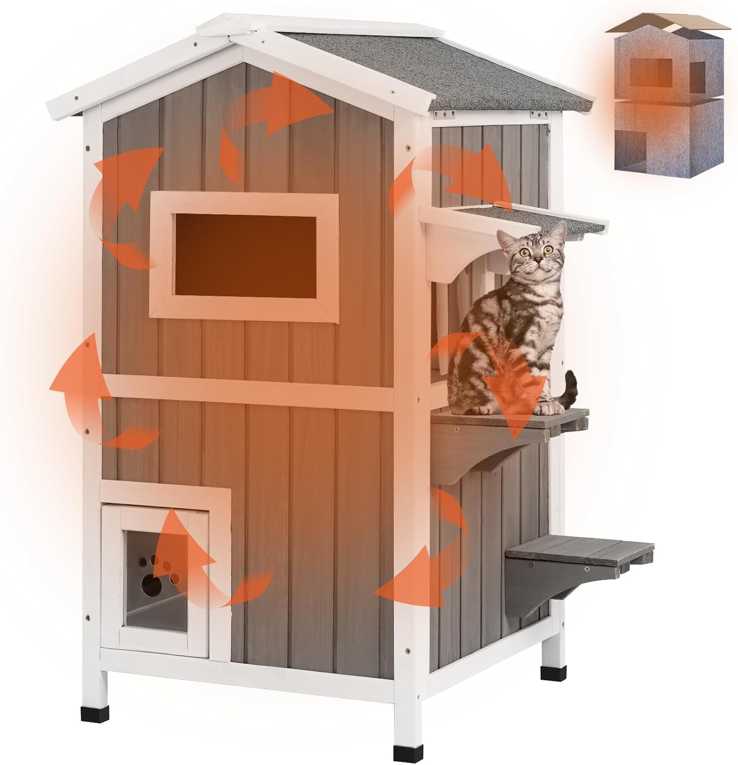 PetsCosset Insulated Cat House Outdoor Shelter Two Story Wooden with Roof,Grey PetsCosset Insulated Cat House Outdoor Shelter Two Story Wooden with Roof,Grey
