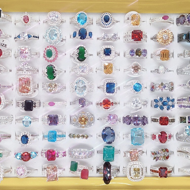 Wholesale 50pcs Colorful Gemstone Alloy rings mixed Women Including display box Wholesale 50pcs Colorful Gemstone Alloy rings mixed Women Including display box