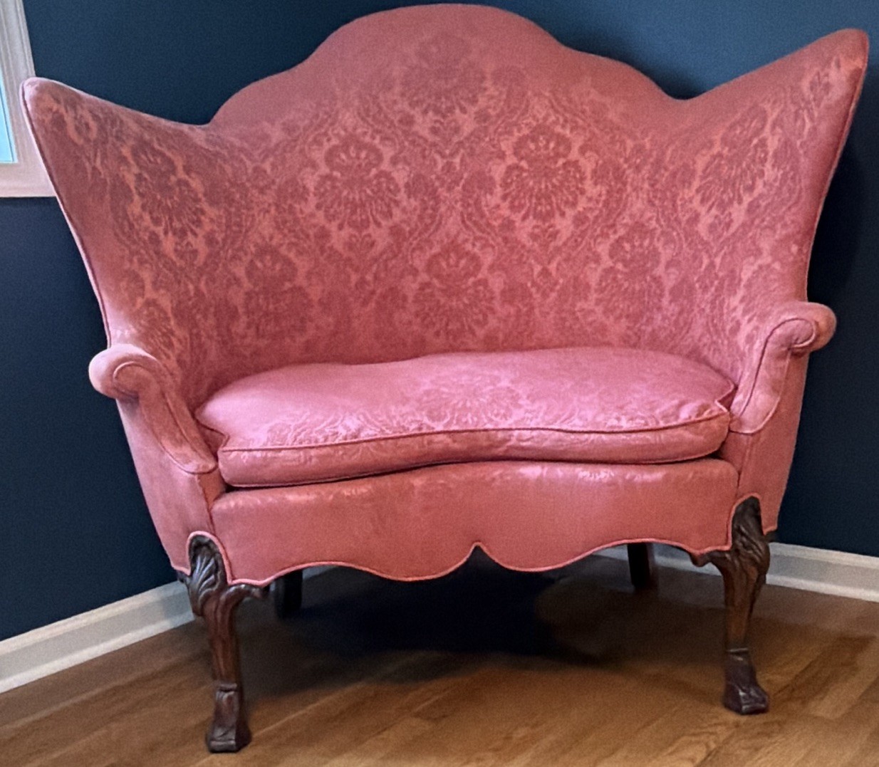 Antique Red Damask Wingback Settee Loveseat Rolled Arms Wood Legs 50x34 Antique Red Damask Wingback Settee Loveseat Rolled Arms Wood Legs 50x34