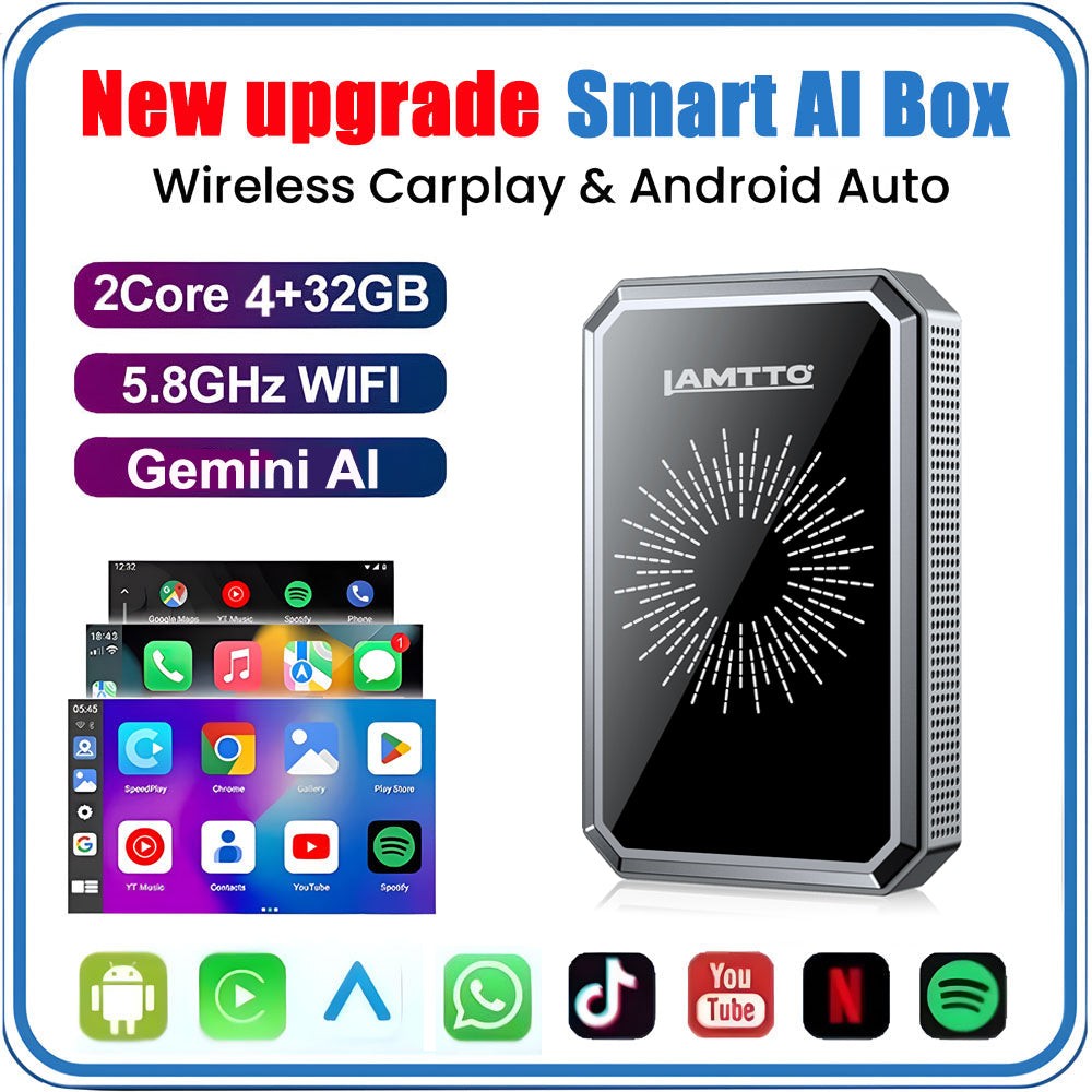 LAMTTO Wireless CarPlay Adapter Gemini AI Box 4GB 32GB Apps USB OTA Update