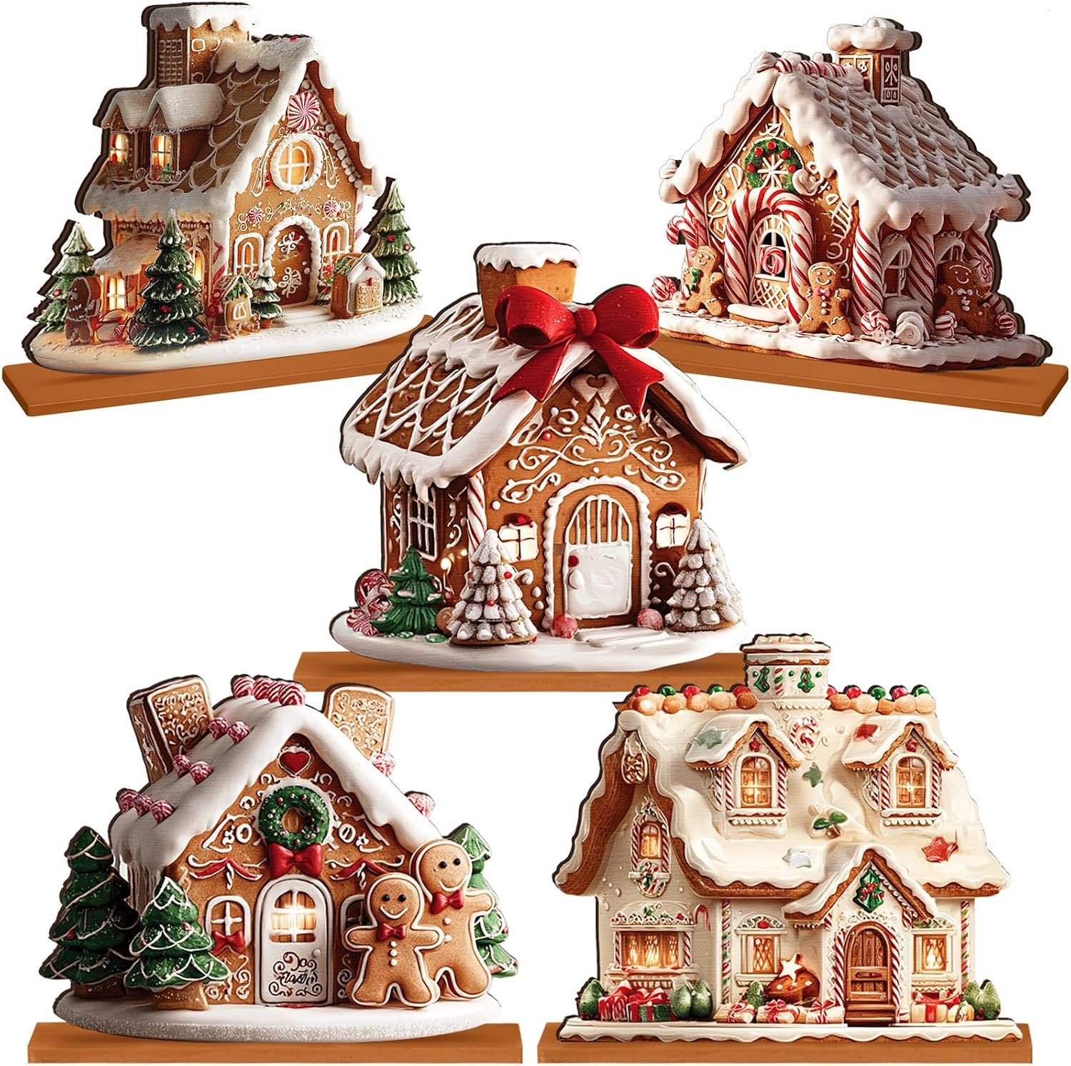 5 Pcs Gingerbread Christmas Table Decor, Gingerbread Village Set 5 Pcs Gingerbread Christmas Table Decor, Gingerbread Village Set
