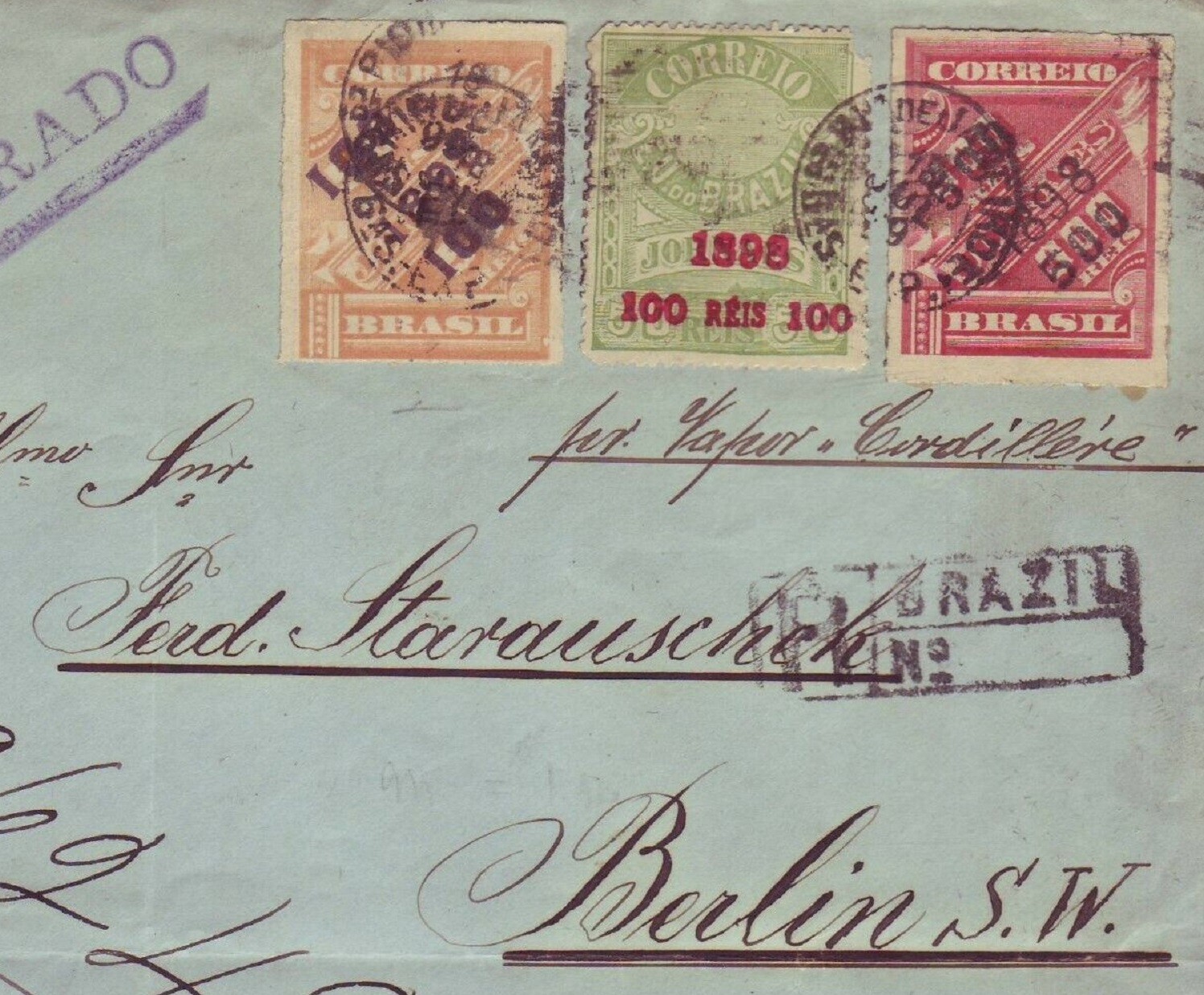 BRAZIL 1898 NEWSPAPER STAMPS w SURCHARGES on 1899 REG Cover to GERMANY - RARITY