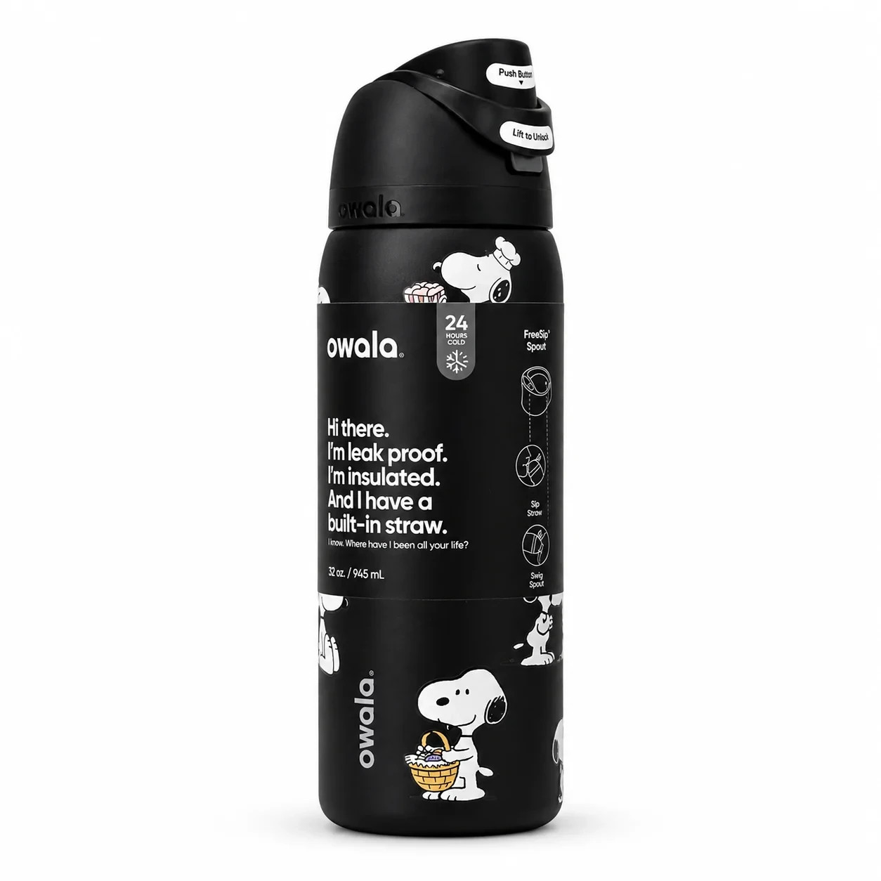 Custom Black Snoopy Owala FreeSip Water Bottle – 32 oz
