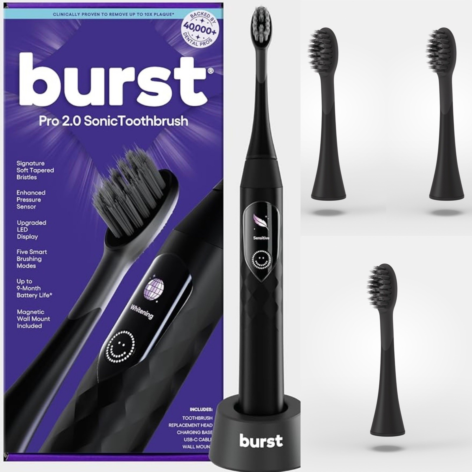 Burst Pro 2.0 Sonic Electric Toothbrush Adult Black w/ 3 replacement head combo Burst Pro 2.0 Sonic Electric Toothbrush Adult Black w/ 3 replacement head combo