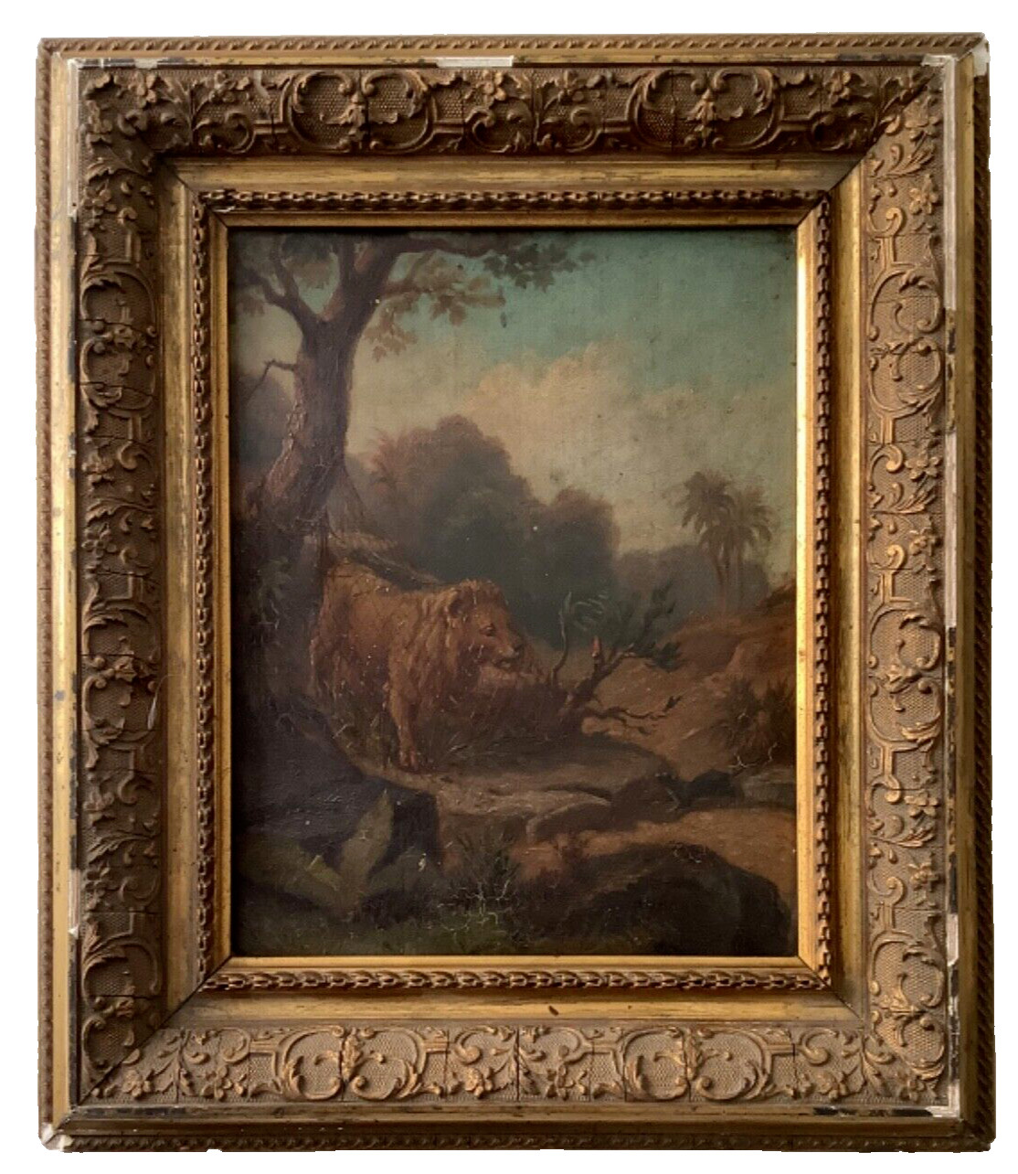 Antique 19th Century French Oil Painting Lion and Mouse Fable Signed Gilt Frame