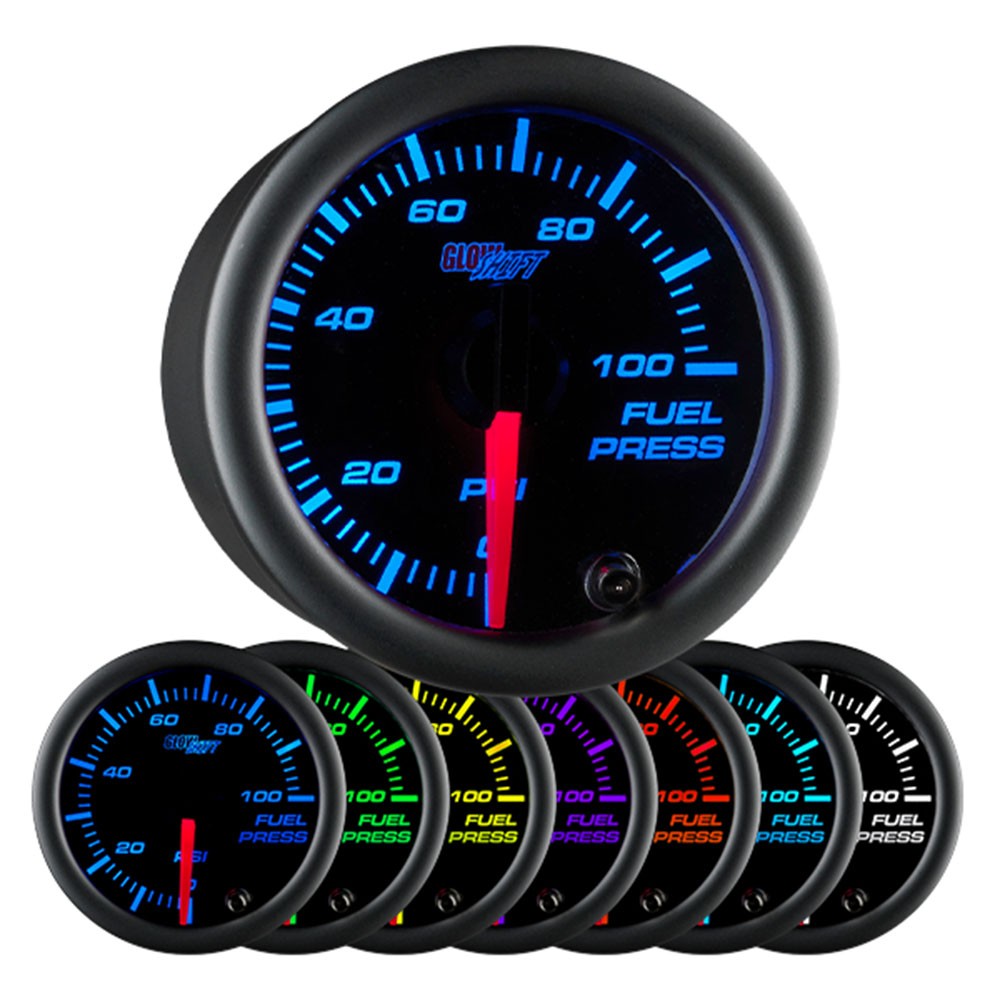 GlowShift 100 PSI Fuel Pressure Gauge Kit w/ Sensor Sending Unit, Black 7 Color