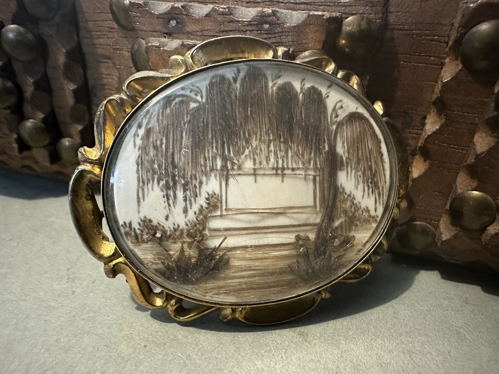 Incredible Antique Victorian Memento Encased Scenic Hair Work Mourning Brooch