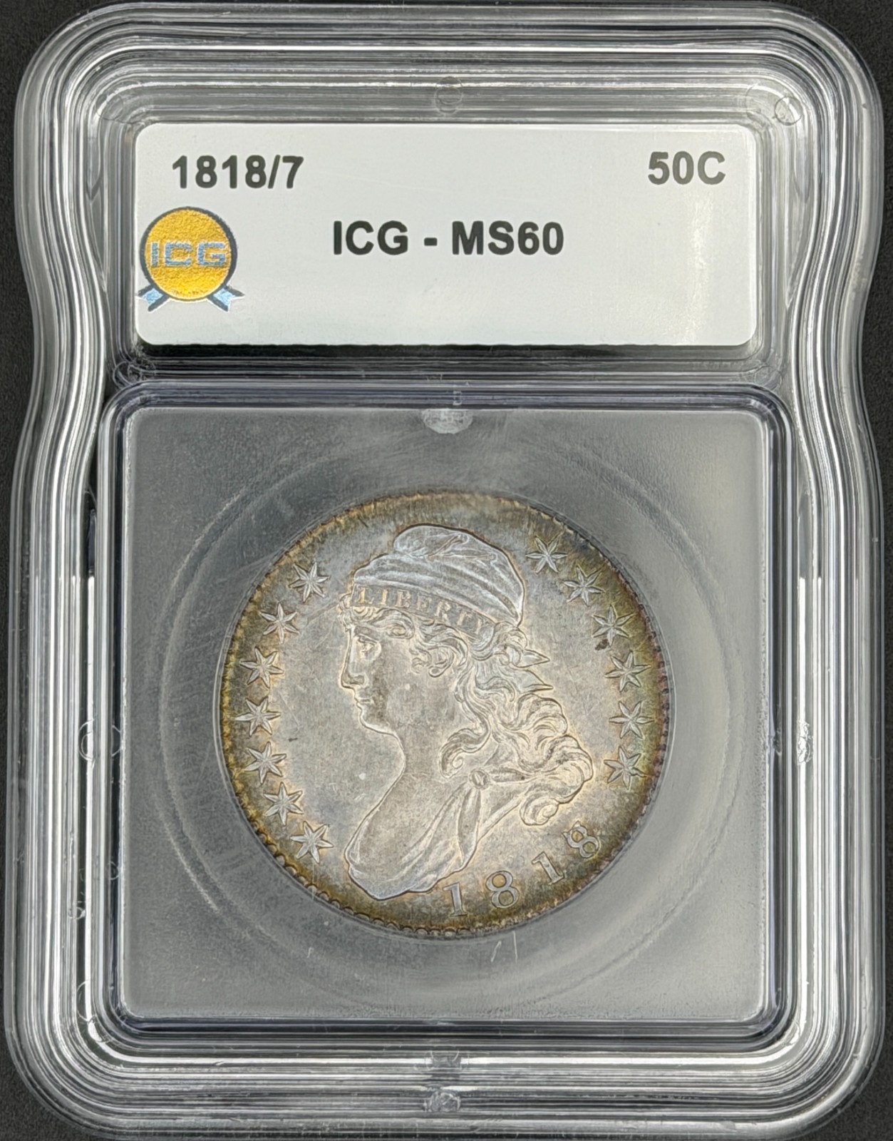 1818/7 OVERDATE CAPPED BUST SILV ER HALF DOLLAR ICG MS60 08XEAB26 1818/7 OVERDATE CAPPED BUST SILV ER HALF DOLLAR ICG MS60 08XEAB26