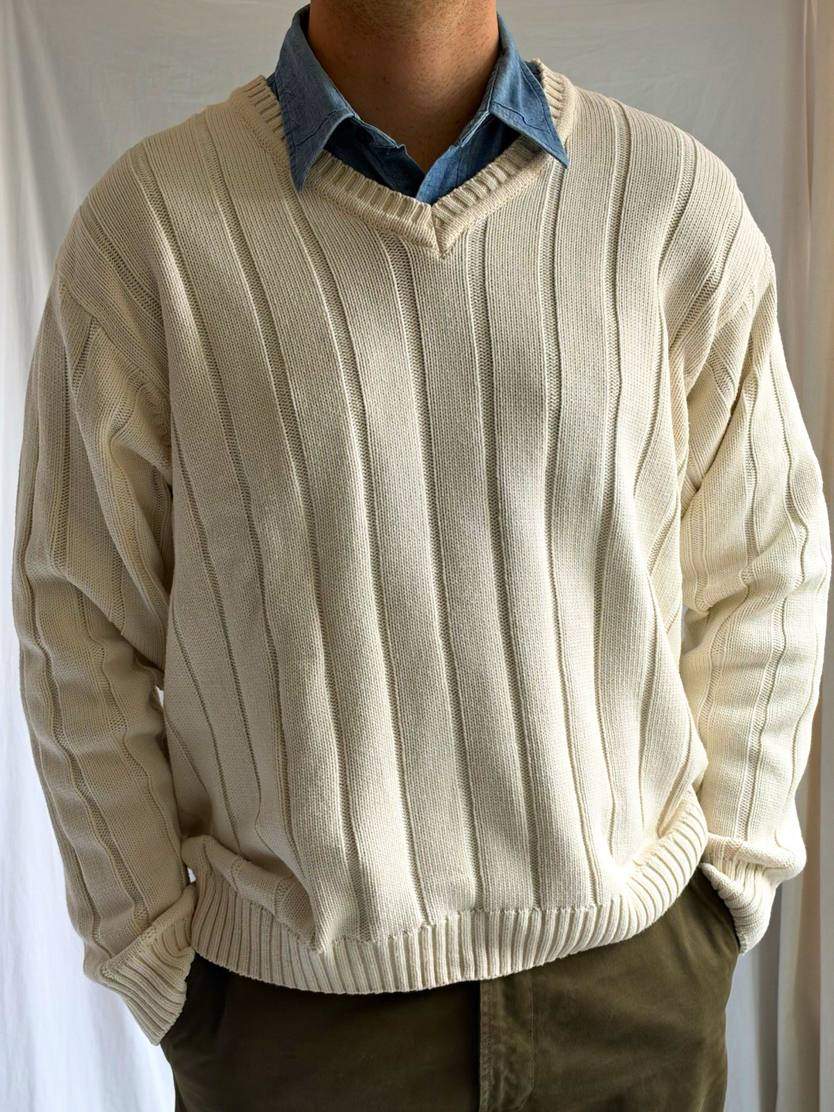 Vintage Brooks Brothers Sweater Mens M Cream Ribbed Knit Cotton Made in USA
