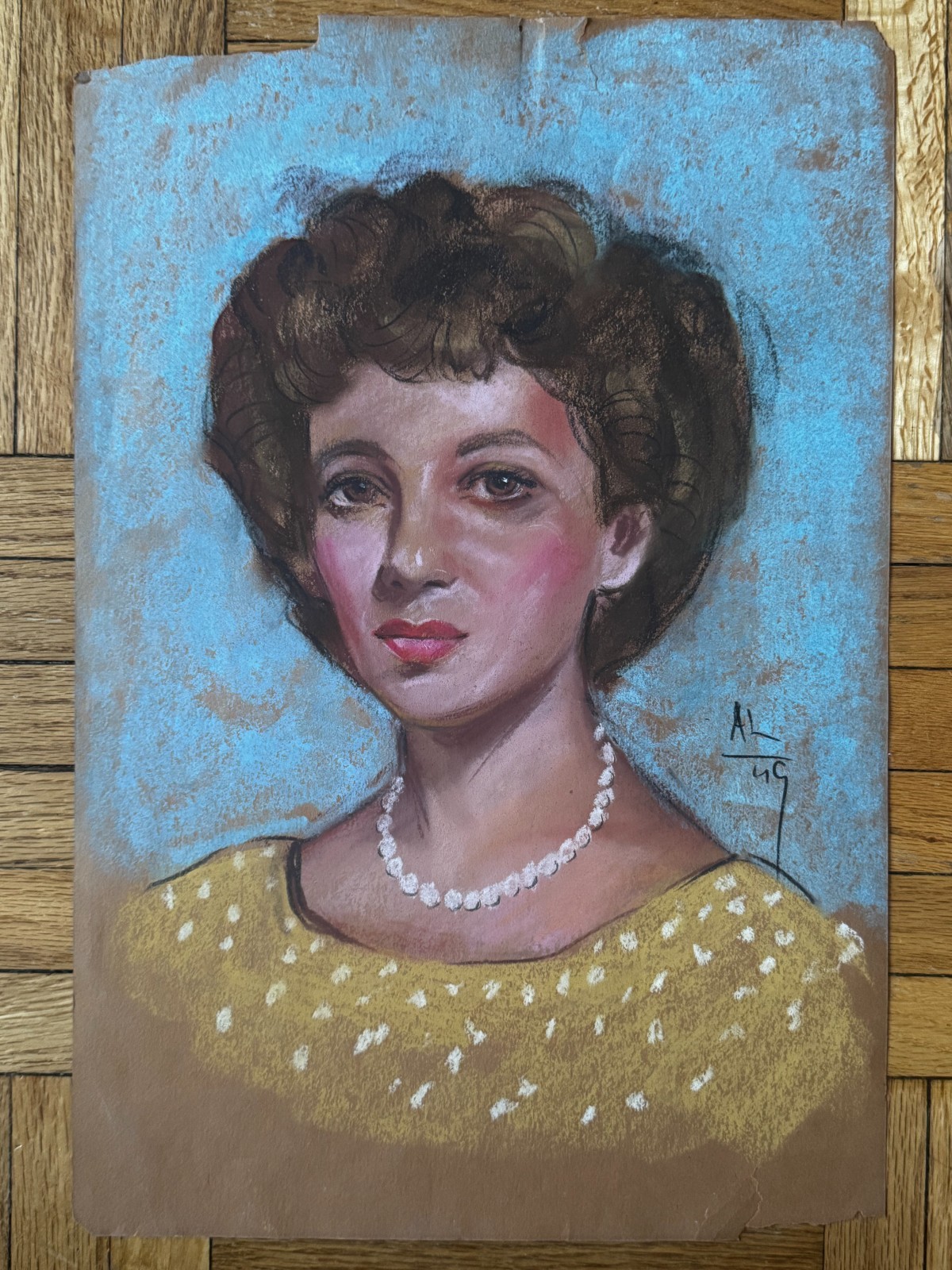 MCM 1940\'s Portrait Pastel Woman Yellow Dress Pearl Necklace 18 x 12 OOAK \