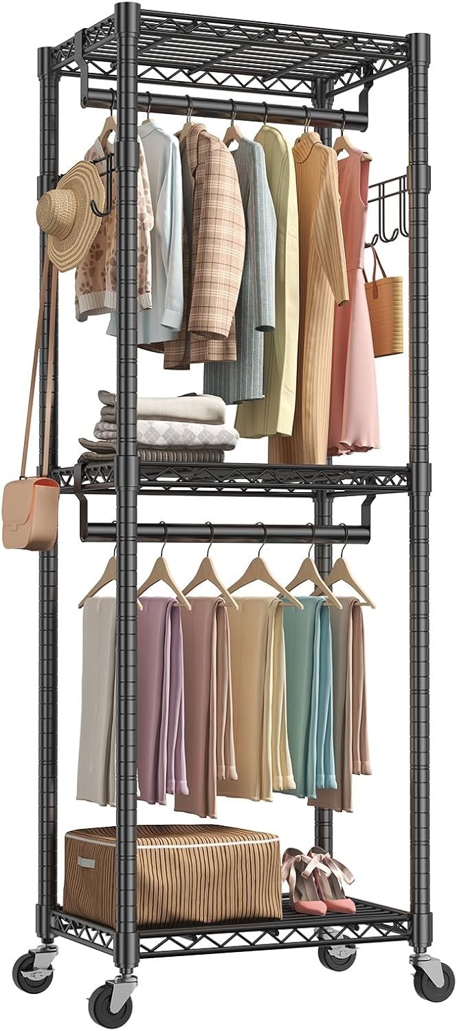 3 Tier Adjustable Wire Shelving Clothes Rack Double Rod Mobile Garment Organizer