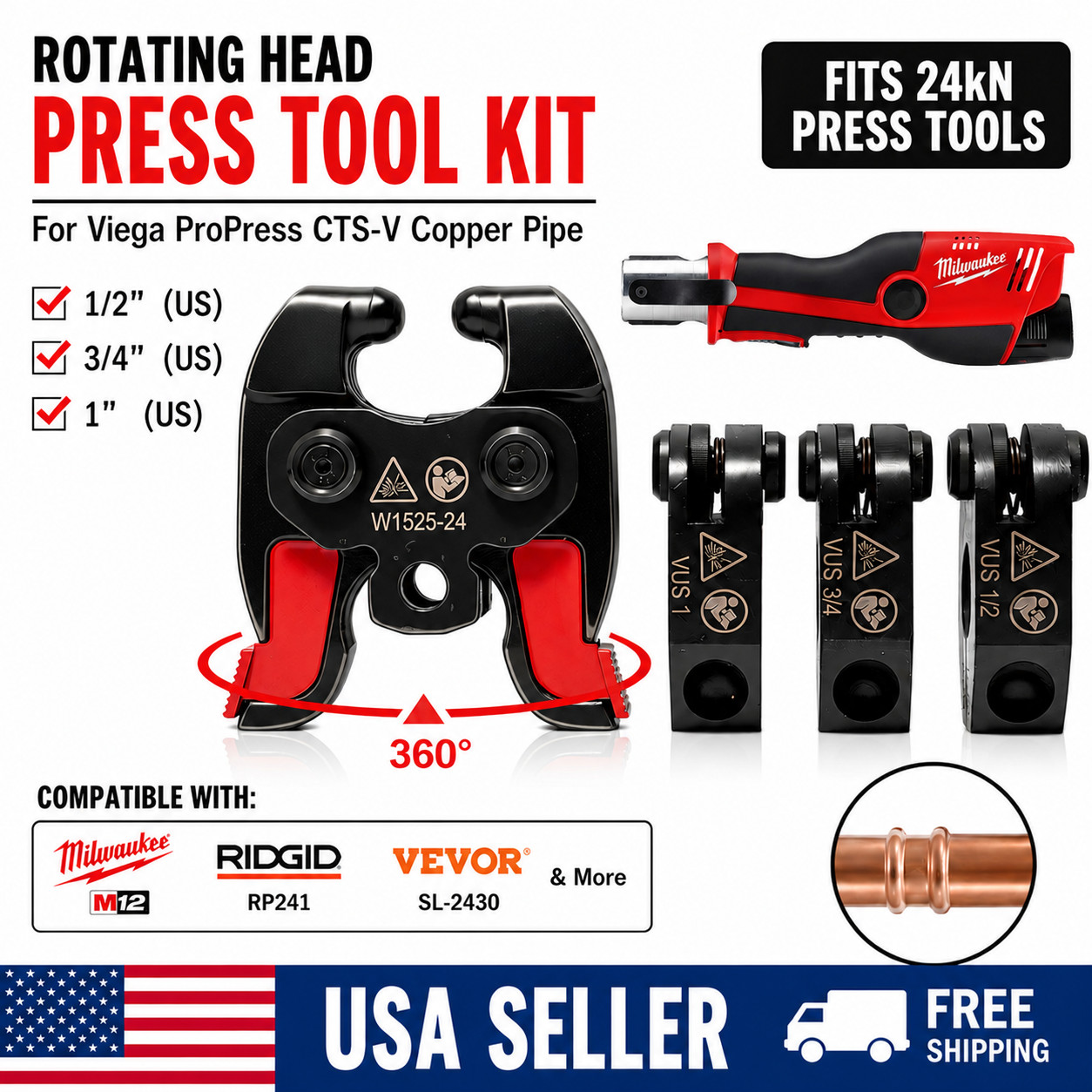 24kN Press Tool Jaws Kit Compatible M12 RP241 ProPress Copper 1/2\