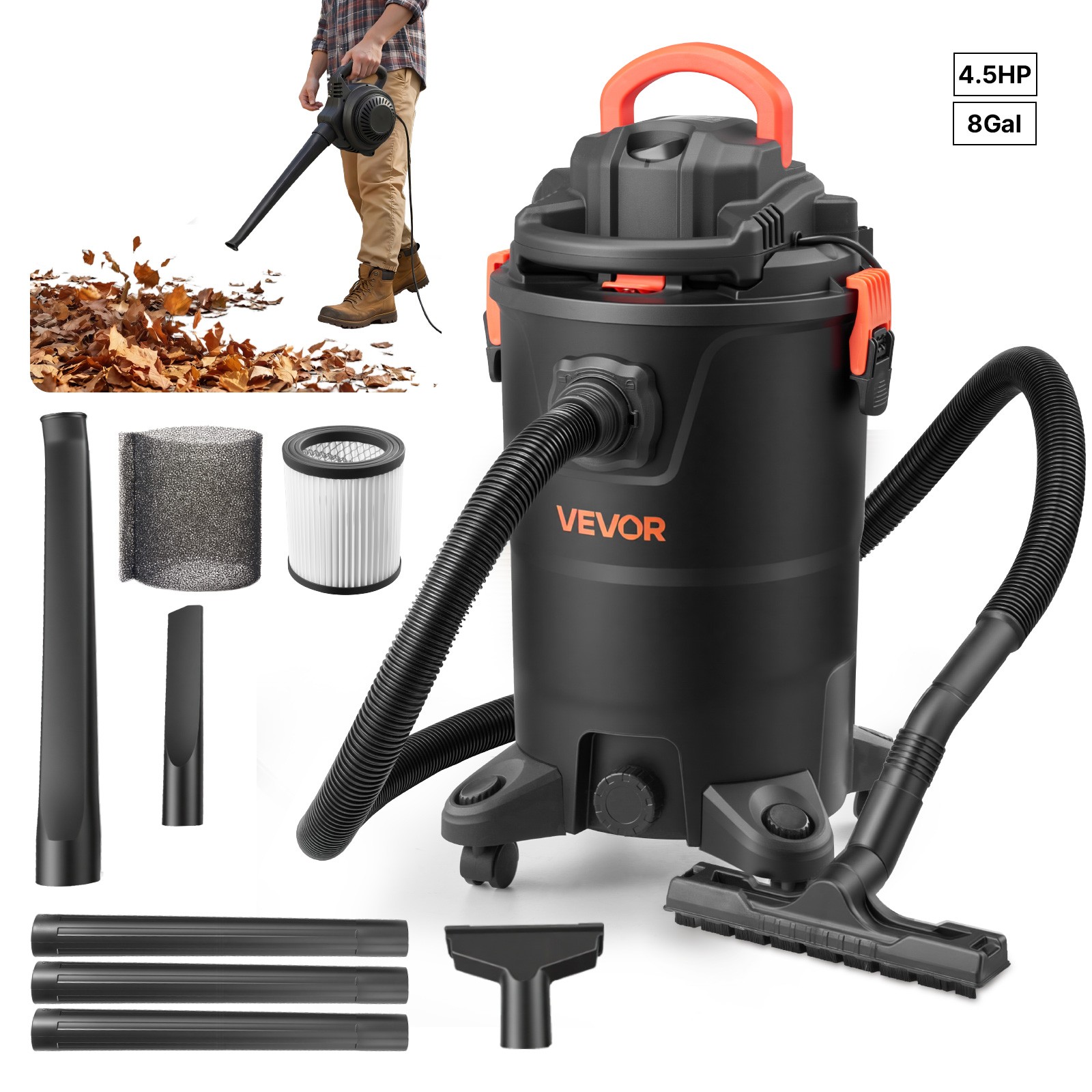 VEVOR 3-in-1 8 Gal Wet Dry Shop Vac 4.5HP Blower Dual Filter 1350W for Jobsite