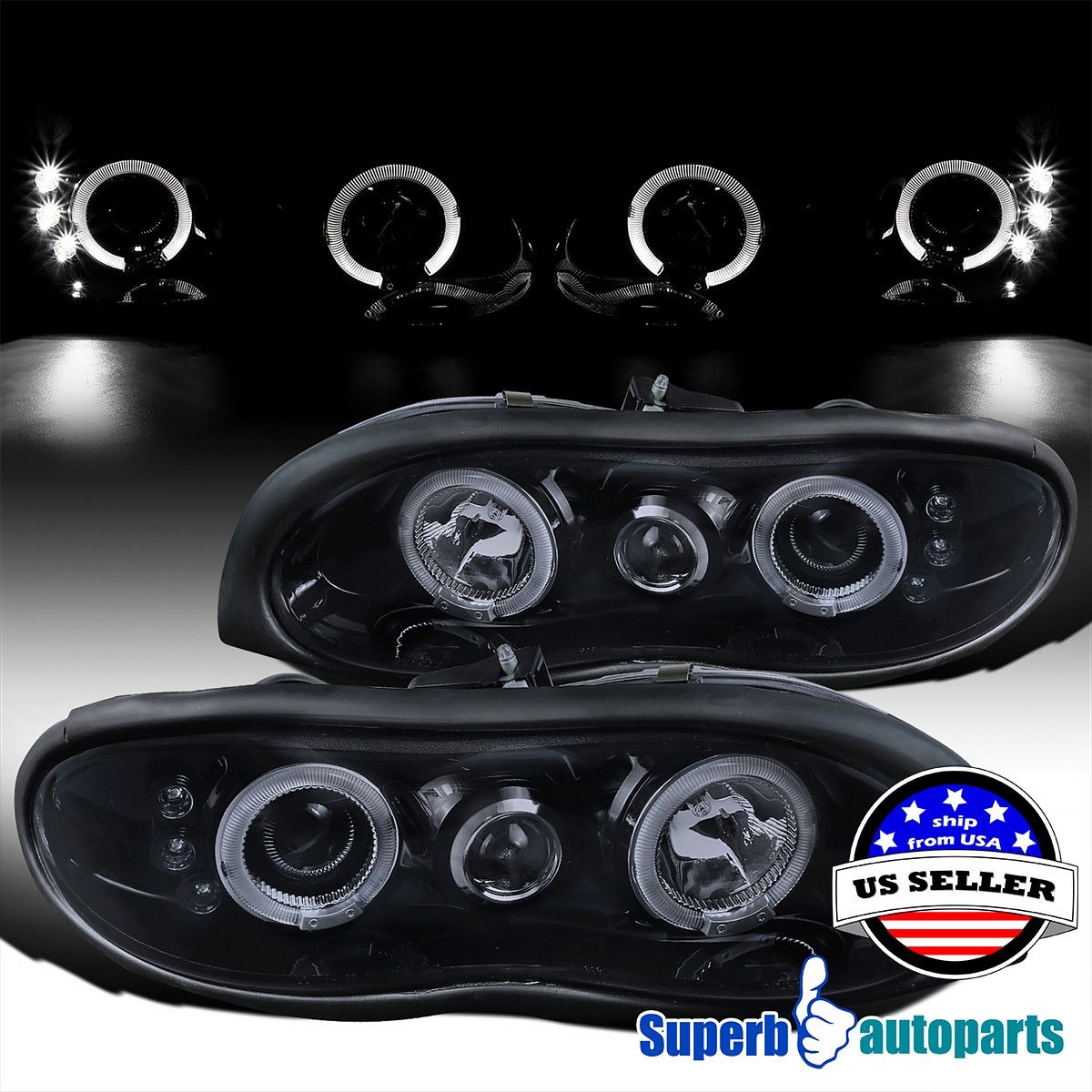 Fit 1998-2002 Glossy Black Chevy Camaro LED Halo Projector Headlights Smoke Pair