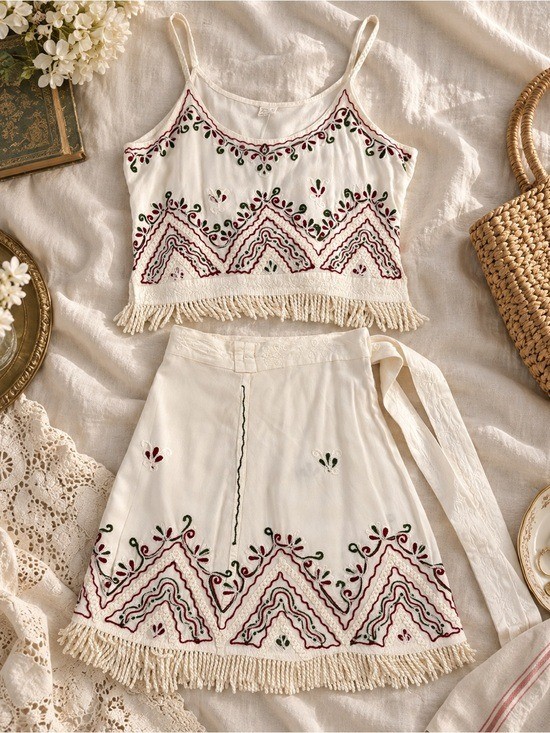 Vintage Shoreline Embroidered 2 Piece Skirt Top Set Fringe Boho NWT