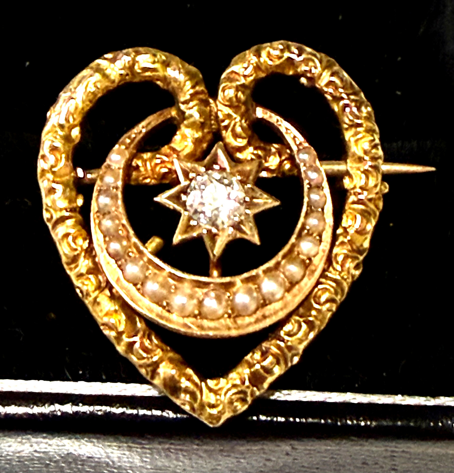 Gorgeous Antique 14K Gold Celestial & Sentimental Heart Moon & Star Pin, FAB Gorgeous Antique 14K Gold Celestial & Sentimental Heart Moon & Star Pin, FAB