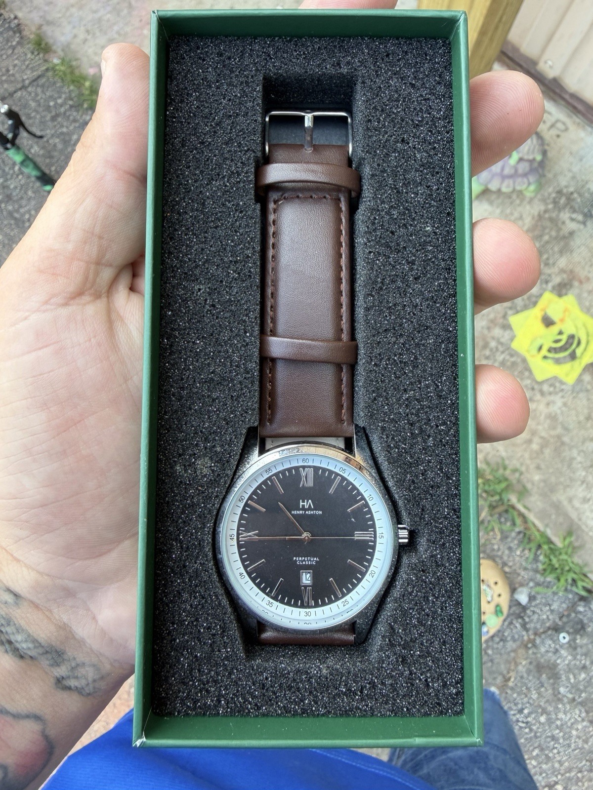 Henry Ashton Perpetual Classic Mens Watch 42MM Black Dial Brown Bands Date