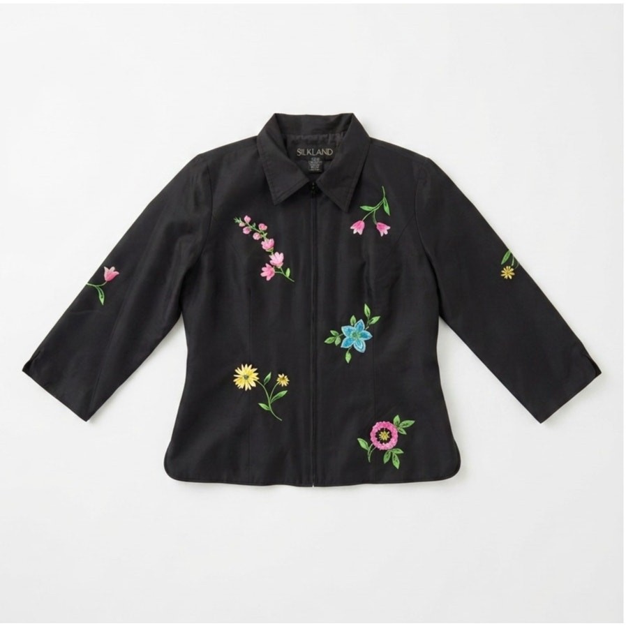 Silkland Womens Size M Black Silk Jacket Floral Embroidered Zip Blouse Top