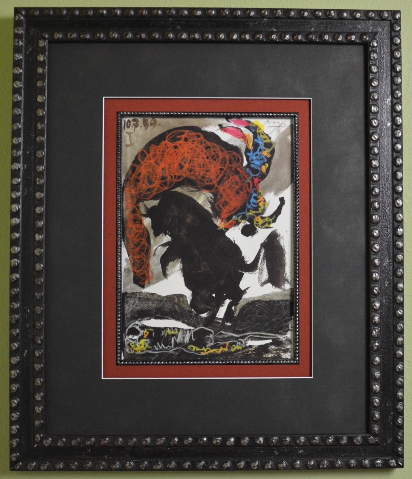 Framed. Hand Signed by Pablo Picasso. Lithograph Bull and Bullfighter. With COA.