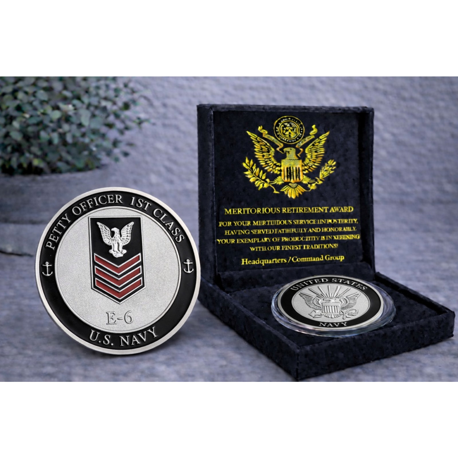 NEW U.S. Navy Petty Officer First Class E-6 Challenge Coin w/ Retirement Award