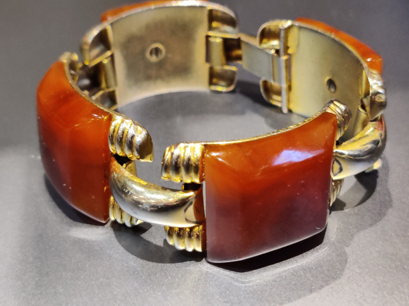 RARE Flamand French Art Deco Gilded Metal Amber Bakelite Link Bracelet Vintage 