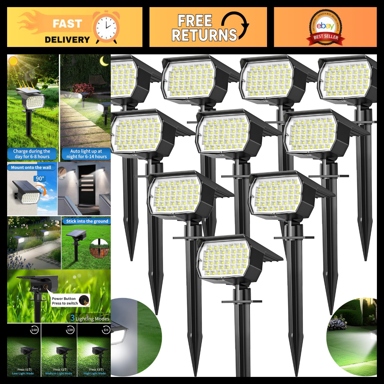 10 Pack Solar Spot Lights Outdoor - 46 LED, 3 Modes, Waterproof Landscape Lighti